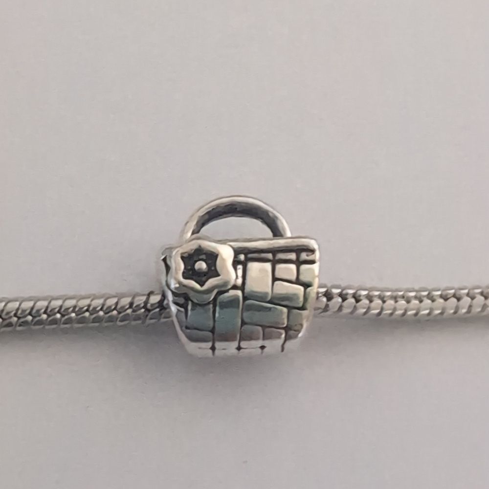 Silver Picnic Basket‎ with Flower / Purse Charm for Pandora Style Bracelet